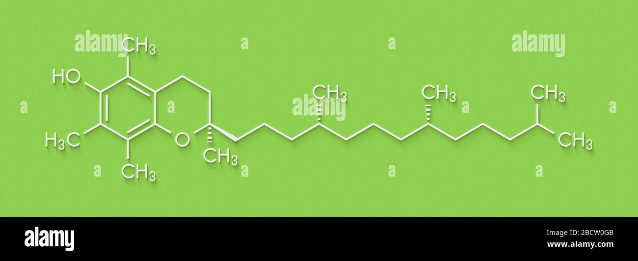 Vitamin E (alpha-Tocopherol) Molekül. Skelettmuskulatur Formel. Stockfoto