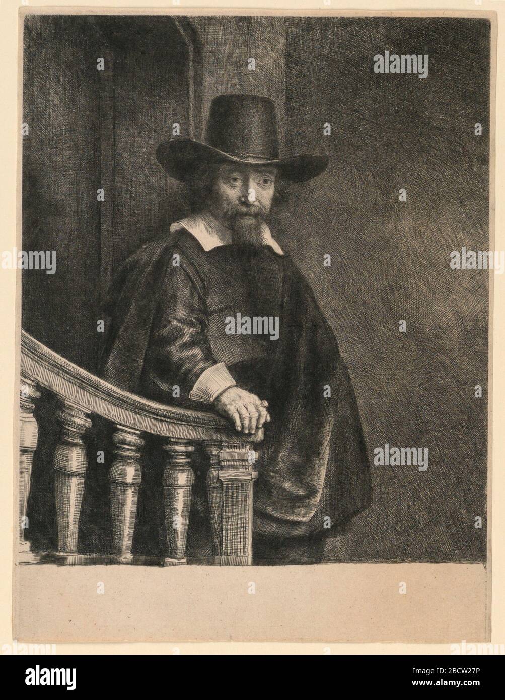 Ephraim Bonus Jüdischer Arzt. Forschung in ProgressThree - Viertellängenfigur eines Mannes, stehend, nach rechts gedreht, der Kopf in Dreiviertelansicht, nach rechts blickend. Seine rechte Hand ruht auf dem Bannister. Er trägt einen Umhang und einen breit umrandeten Hut. Ephraim Bonus Jüdischer Arzt Stockfoto