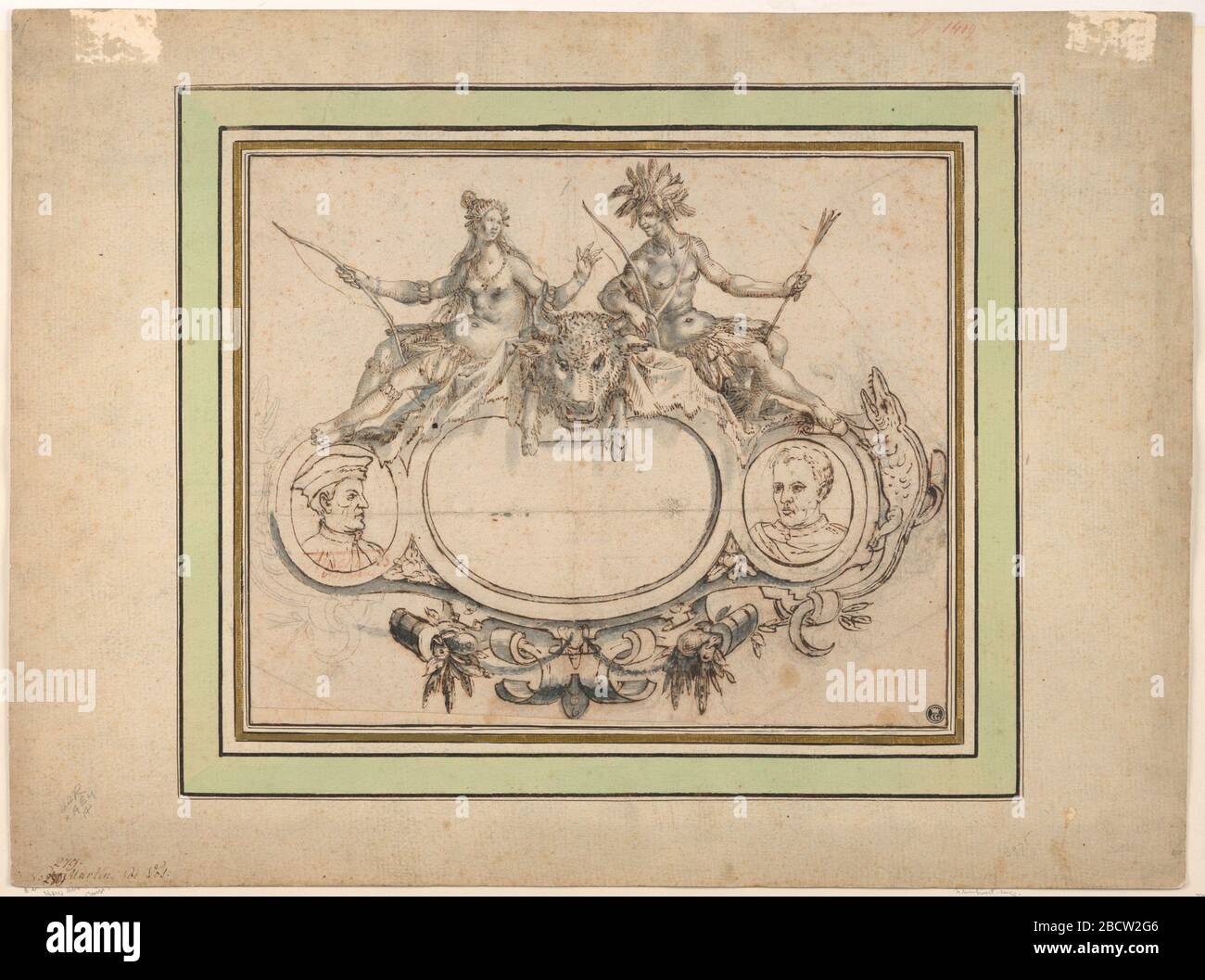 Titelseite Amerika. Forschung in ProgressReclining Figures, die amerikanische Indianer symbolisieren, flankt einen Bisonkopf und bildet Adjunkte zu einer Kartuschenframement. Auf beiden Seiten stehen Porträtbüsten von Amerigo Vespucci, links, und Christoph Kolumbus, rechts. Titelseite Amerika Stockfoto