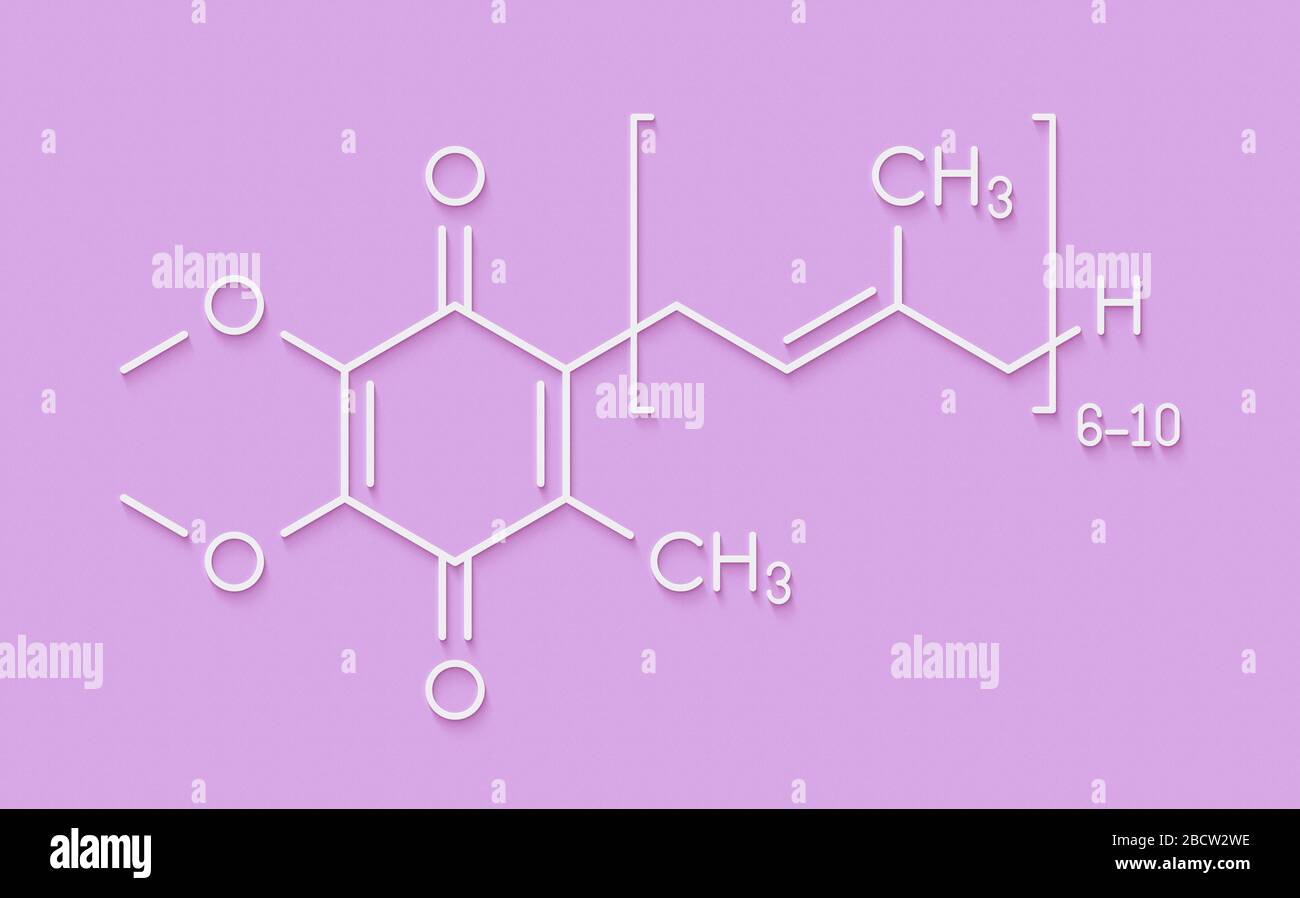 Coenzym Q10 (Ubichinon, ubidecarenone, CoQ10) Molekül, chemische Struktur. Spielt eine wichtige Rolle bei der Produktion von zellenergie; hat Antiox Stockfoto