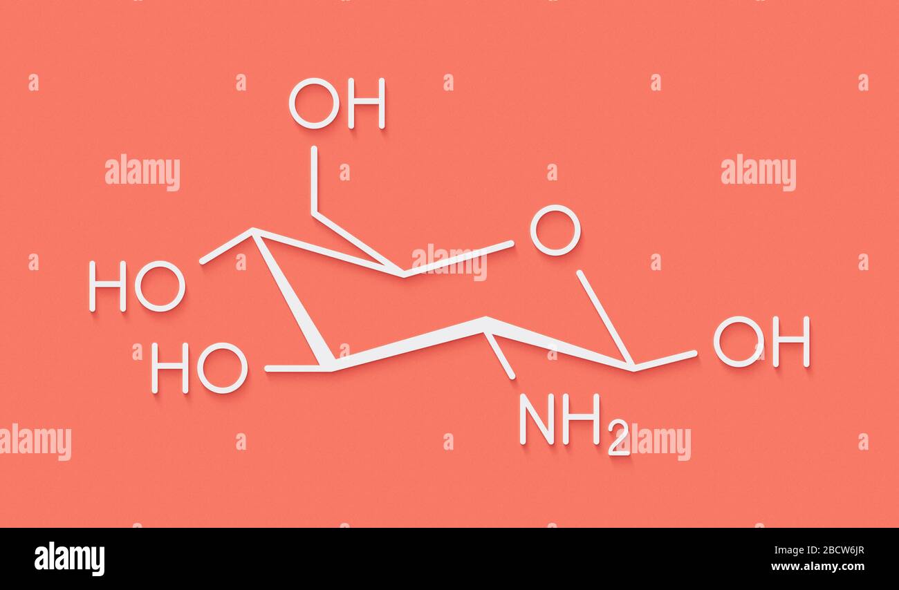 Glucosamin Nahrungsergänzungsmittel Molekül. In der Behandlung von Arthrose. Skelettmuskulatur Formel. Stockfoto