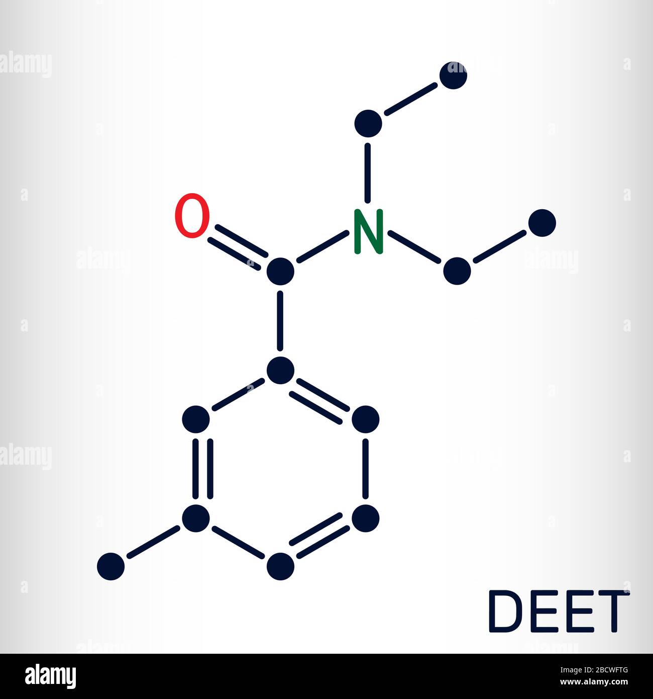 DEET, Diethyltoluamid, N,N-Diethyl-Meta-Toluamid C12H17NO-Molekül. Es ist Wirkstoff in Insektenschutzmitteln. Strukturelle chemische Formel. Vecto Stock Vektor