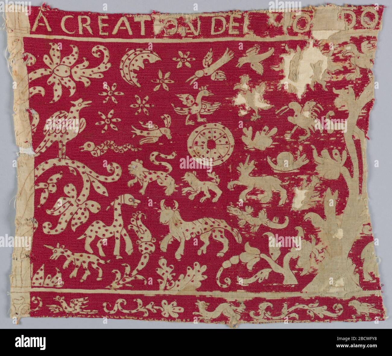 Band. Forschung in ProgressBackground, gestickt in roter Seide; Tiere usw. mit roten Punkten verziert. Die obere Grenze lautet "A Creation del Mundo --". Auf der linken Seite befindet sich ein schmaler Streifen auf Weiß, das Design ist markiert, aber nicht bestickt. Band Stockfoto