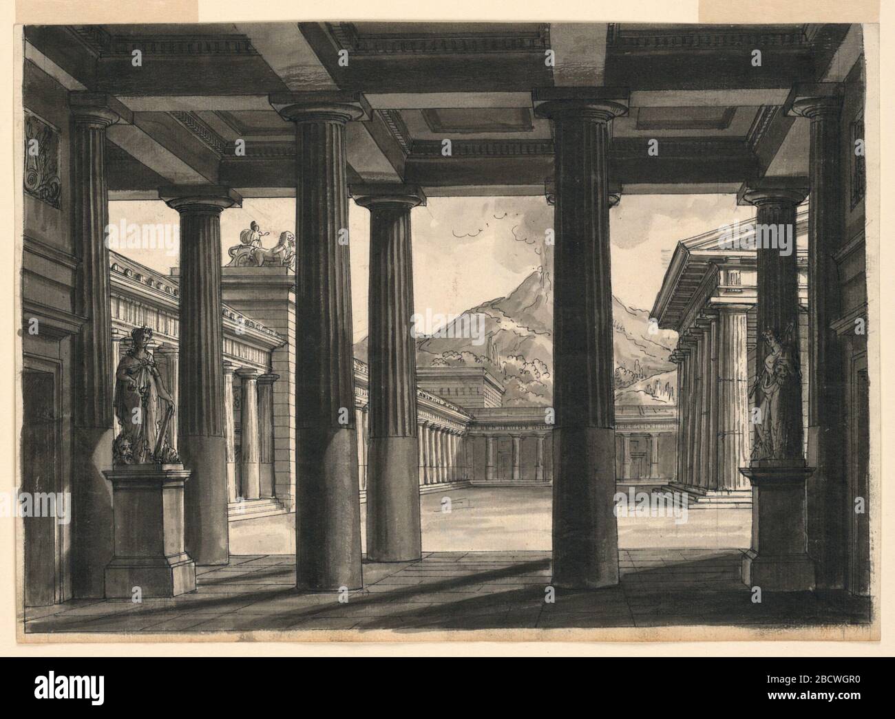 Bühnenbild für die Oper LUltima giorno di Pompei an der Scala Mailand im Jahre 1826. Forschung im ProgressHorizontal Rechteck. Portikos rund um ein Tempelgebäude, im Hintergrund ein ausbrechender Vulkan. Bühnenbild für die Oper LUltima giorno di Pompei an der Scala Mailand im Jahre 1826 Stockfoto