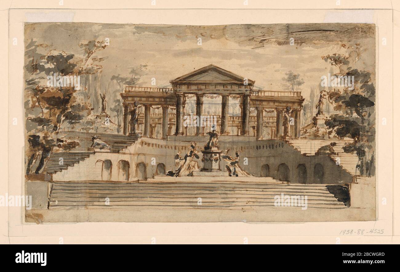 Bühnenbild Öffnen Sie den Tempel in einem Garten. Forschung in ProgressDesign für ein Bühnenbild. Ein Treppenflug führt zu einer Plattform, auf der drei weibliche Figuren eine Statue der Göttin schmücken. Der Bahnsteig wird von Treppen flankiert, die zum Atrium eines Tempels hinaufführen. Der Tempel scheint kein Dach zu haben. Bühnenbild Öffnen Sie den Tempel in einem Garten Stockfoto
