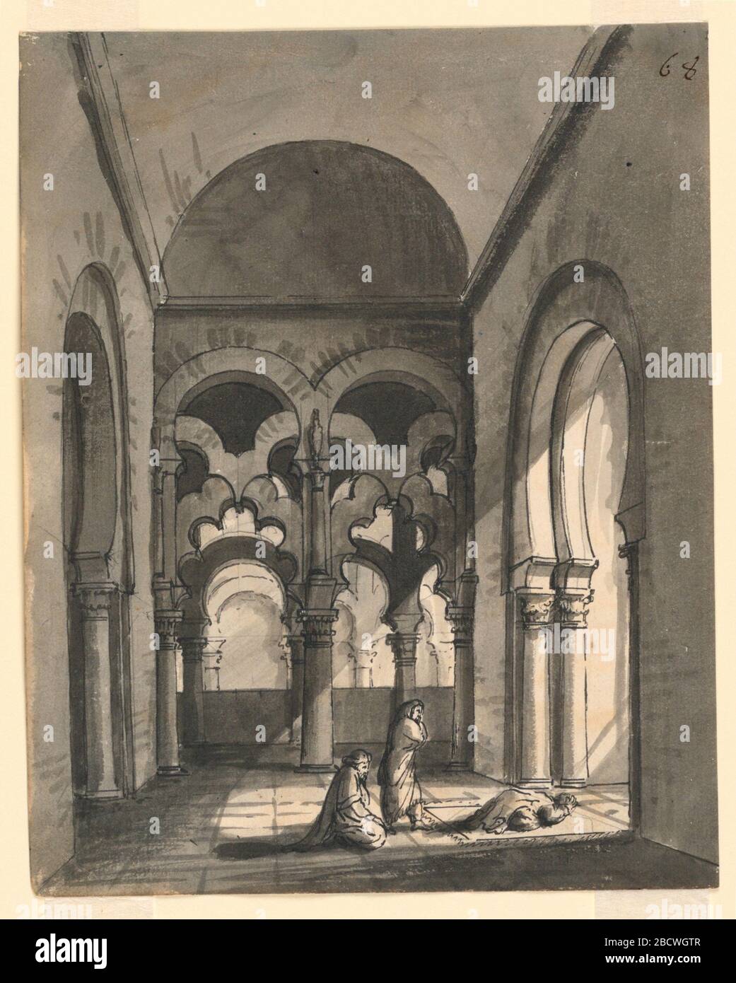 Bühnenbild Interieur des Orienttempels. Forschung in ProgressVertical Rectangle. Tempel im islamischen Stil mit drei Figuren, die in der Niederwerfung verehrt werden, einer beugt sich auf dem Teppich. Bühnenbild Interieur des Orienttempels Stockfoto