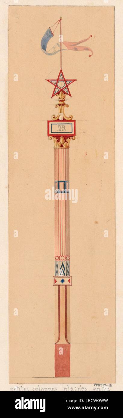 Petites colonne placee entre les colonnes departmentales. Forschung in ProgressDesign für einen Pfosten, bei dem der Hauptkörper aus einer rot-weiß gestreiften polygonalen Säule mit zwei horizontalen Bänderelementen in Blau und Weiß besteht und der auf einem weißen Sockel mit zwei vertikalen roten Linien und einem durchgehenden roten Boden ruht. Petites colonne placee entre les colonnes departmentales Stockfoto