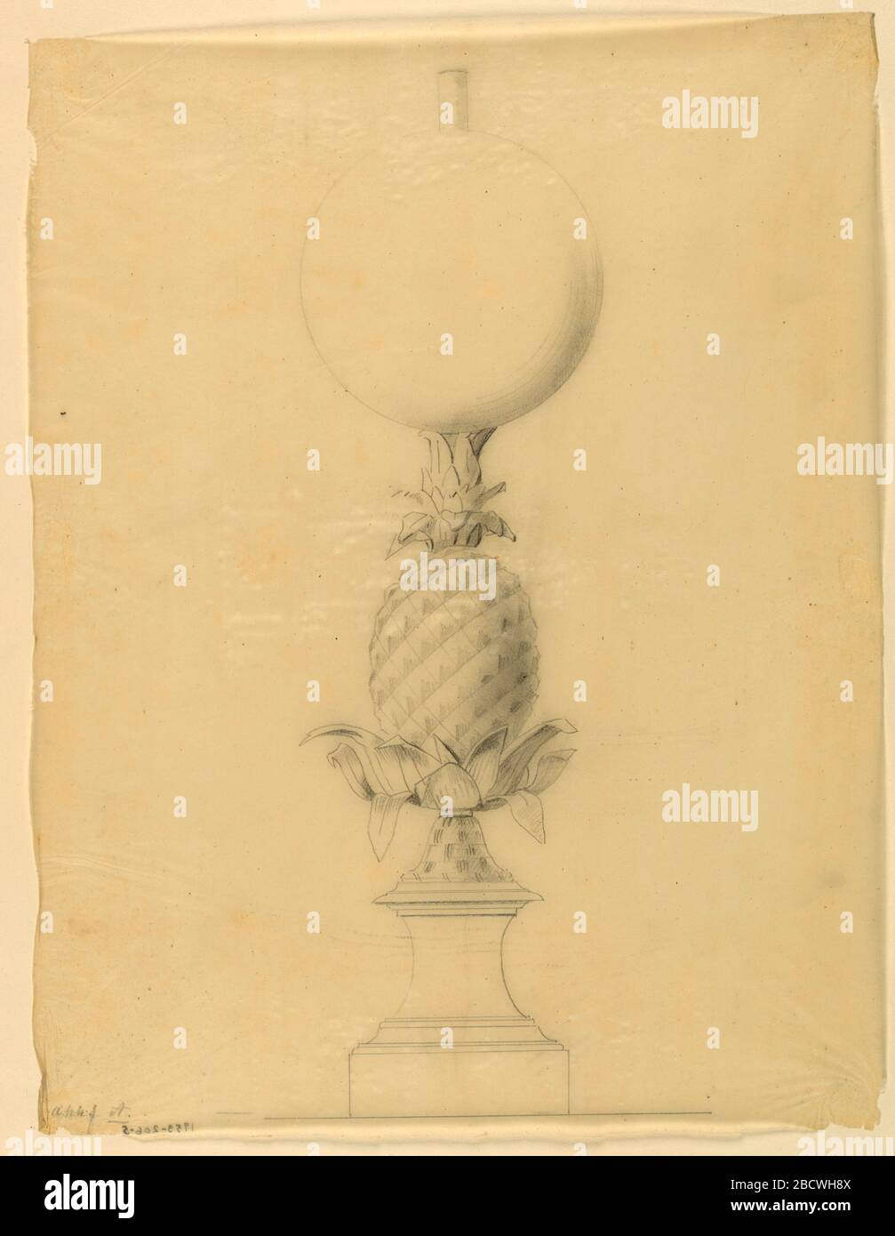 Design für eine Lampe. Forschung in ProgressDer Körper der Lampe ist in Form einer Ananas auf einem hohen Sockel, oben von einem Glasglobus überragt. Design für eine Lampe Stockfoto