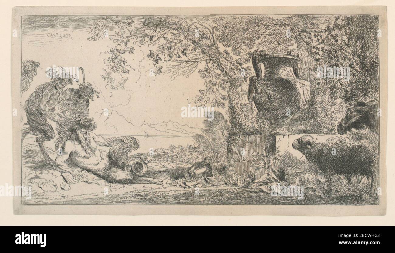 Pan sitzt gegenüber einer Vase. Forschung in ProgressFigural Szene in einem Garten oder einer Waldlichtung. Links wird der griechische Gott Pan zurückgelassen, zwei Satyrer stehen hinter ihm. Rechts ein Denkmal mit einer großen Urne. Rechts vorne ein Schaf und ein Esel. Pan sitzt gegenüber einer Vase Stockfoto