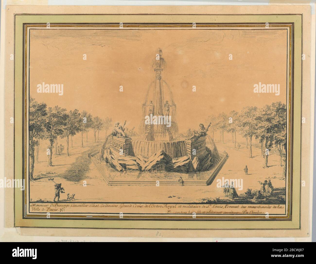 Design für einen Springbrunnen in einem Park. Forschung auf dem ProgressSquare mit Bäumen und Figuren, die mit dem gigantischen Springbrunnen in unausgestelltem Maßstab dargestellt sind. Es hat ein sechseckiges Becken. Design für einen Springbrunnen in einem Park Stockfoto