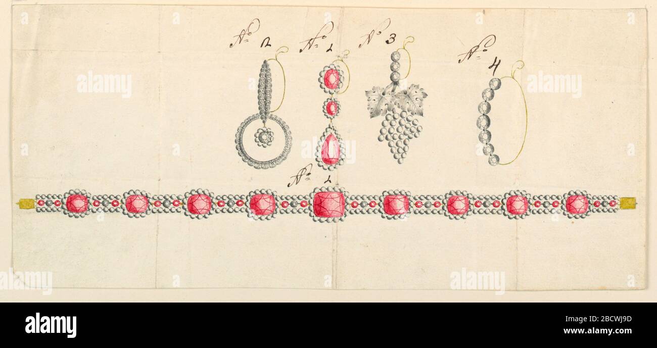 Designs für Halskette und vier Ohrringe. Forschung in ProgressJewelry Designs für eine Halskette und vier Ohrringe. In der oberen Reihe die Ohrringe, von links nach rechts nummeriert: Nr. 1, Nr. 2, Nr. 3, Nr. 4. Nummer 1 mit einem großen goldenen ovalen Ring, dessen Vorderseite von Diamanten bedeckt ist. Darunter ein Kreis mit einem Anhänger. Designs für Halskette und vier Ohrringe Stockfoto