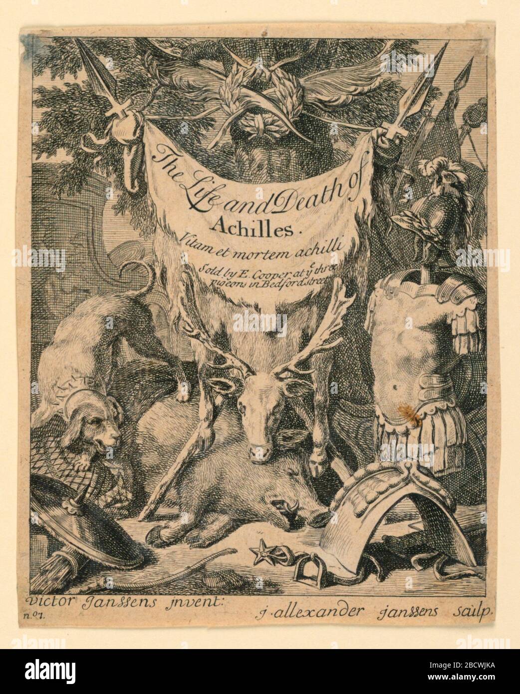 Das Leben und der Tod von Achilles. Forschung in ProgressDie Haut eines Hirsches ist von Speeren suspendiert und bildet einen Teil einer Trophäe von Armen. Auf der Haut sind der Titel in Englisch und Latein sowie "Sold by E. Cooper at Ye Three / Tauben in Bedford Street" geschrieben. Das Leben und der Tod von Achilles Stockfoto