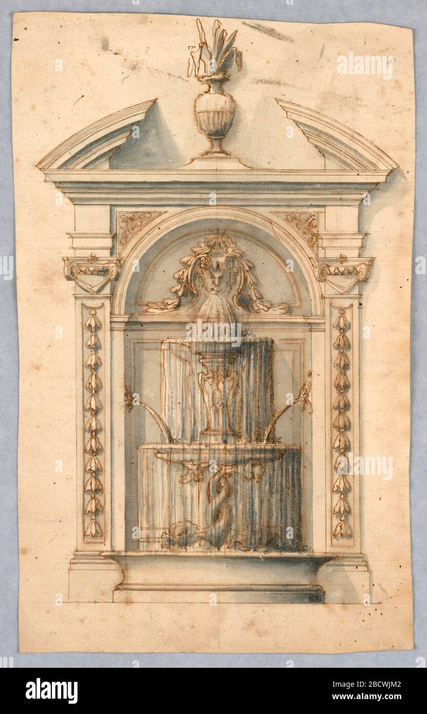 Höhe eines Brunnens. Forschung in der ProgressAedicule mit durchbrochenem Gesims und Pilastern mit Glockenblumen. Im Zentrum fließt Wasser aus dem Mund einer Maske in ein Becken, das von zwei ineinander verflochtenden Delfinen gestützt wird. Höhe eines Brunnens Stockfoto