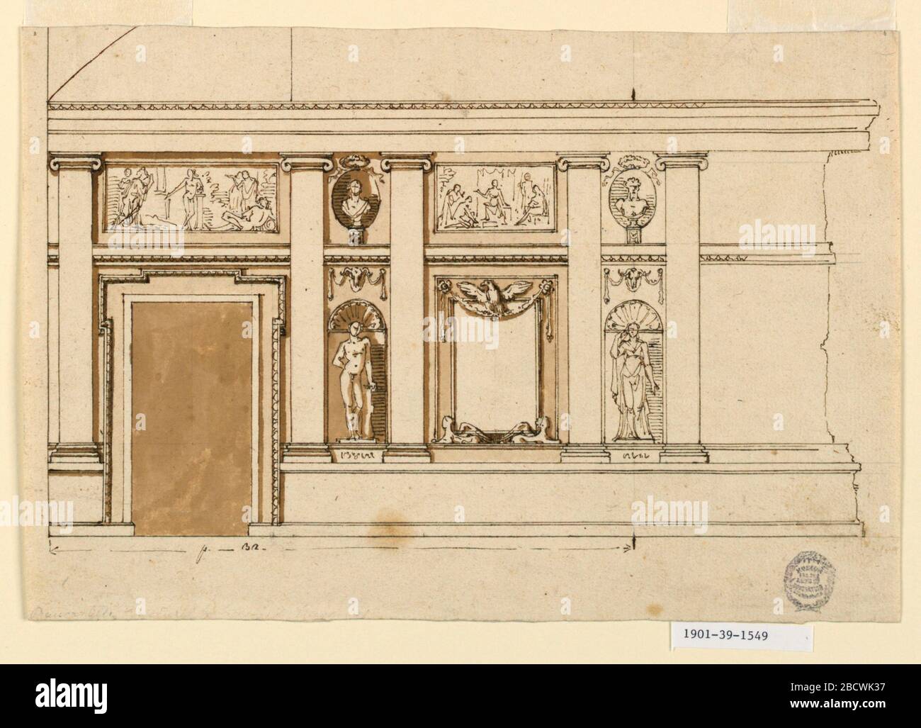 Projekt für einen Salon. Forschung in ProgressWall Elevation zeigt links eine Tür. Overdoor Panel mit Abbildungen. Fünf Pilaster mit ionischen Kapitellen. Rechts ein Spiegel mit Adler, flankiert von Nischen mit figürlichen Skulpturen. Projekt für einen Salon Stockfoto