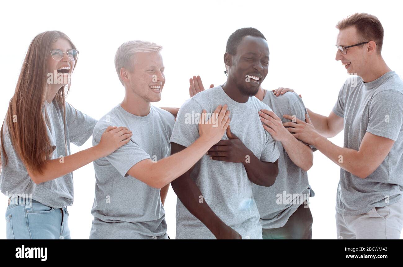Aus der Nähe. Ein glückliches Team von jungen Menschen. Stockfoto