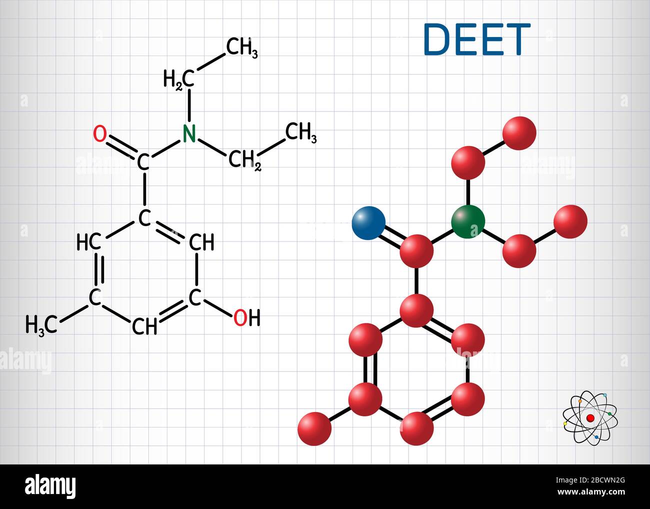 DEET, Diethyltoluamid, N,N-Diethyl-Meta-Toluamid C12H17NO-Molekül. Es ist Wirkstoff in Insektenschutzmitteln. Strukturelle chemische Formel und Mo Stock Vektor