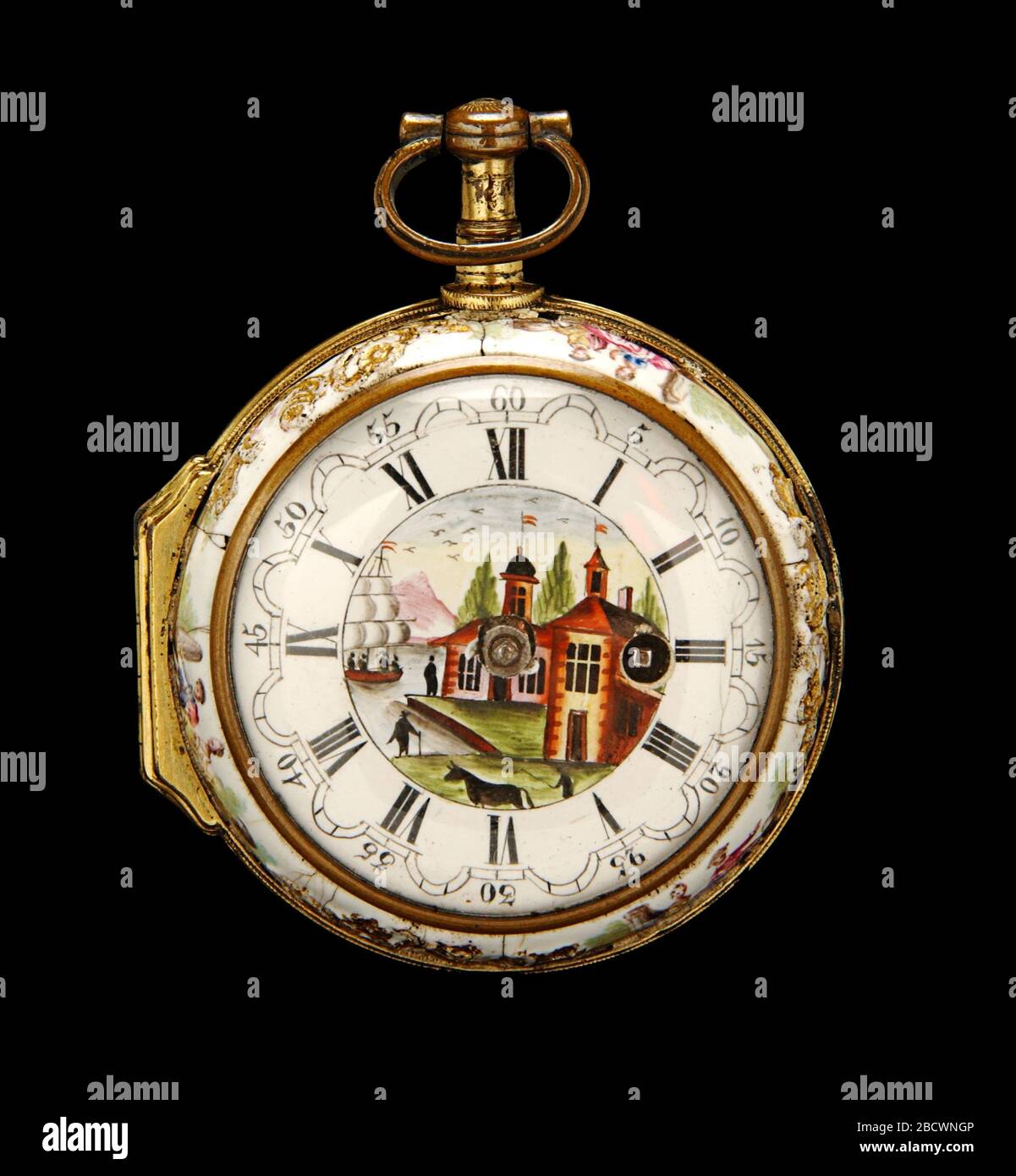 Taschenuhr. Die Kunst der Malerei auf Emaille florierte in England während der zweiten Hälfte des achtzehnten Jahrhunderts. Ein französischer Juwelier, Jean Toutin, hatte eine neue Technik für das Malen auf Email entwickelt, bei der ein Goldsockel zuerst mit weißem Emaille bedeckt, dann mit einem Design bemalt wurde. Stockfoto