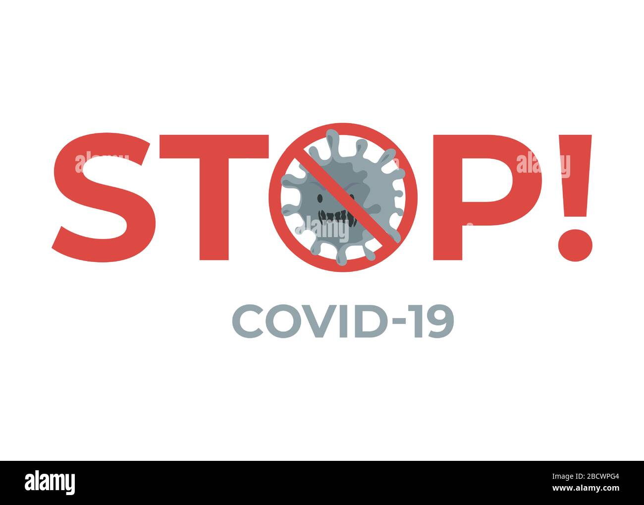 STOP Virus COVID-19 Flat Banner Konzept. Neuartiger Coronavirus-Ausbruch und globale Pandemie. Durchgestrichene kovide Viruszelle. Quarantäne und Selbsteingrenzung vor dem gefährlichen Virus aus Wuhan in China. Stock Vektor