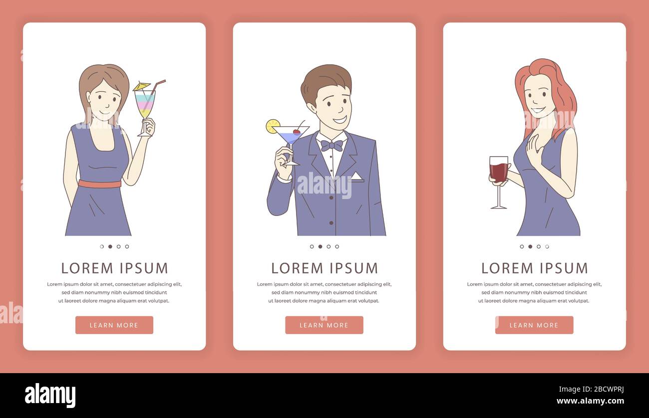 Bildschirme für mobile Apps für Cocktailpartys. Fröhliche Männer und Frauen in formaler Kleidung, die eine Brille mit Rotwein und Cocktails hält, Vektor-Cartoon-Illustration. Website-Vorlage für Bar oder Restaurant. Stock Vektor