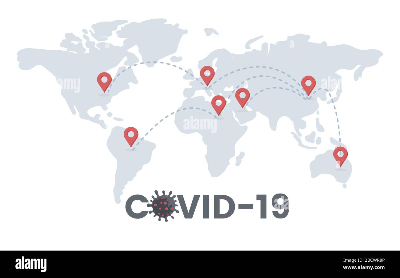 Epidemie von Covid-19 verbreitete sich auf der ganzen Welt flache Illustration. Globale Pandemie des china pathogen respiratorischen Influenza-Ausbruchs, Coronavirus auf der Erde Vektorkonzept mit Typografie. Stock Vektor