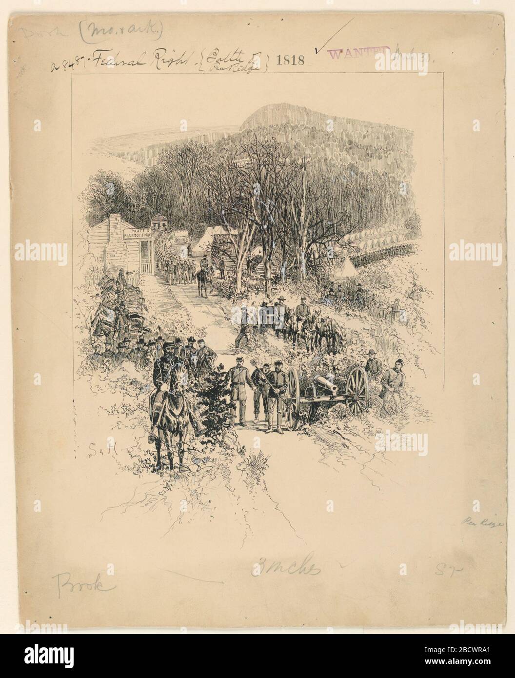 Die Unionsarmee unter General Carr im Pratts Store. Forschung in ProgressDie Gewerkschaftsarmee und ein Kanon stehen vor dem "Pratt's Pea Ridge Store". Das Camp steht im Hintergrund. Die Unionsarmee unter General Carr im Pratts Store Stockfoto