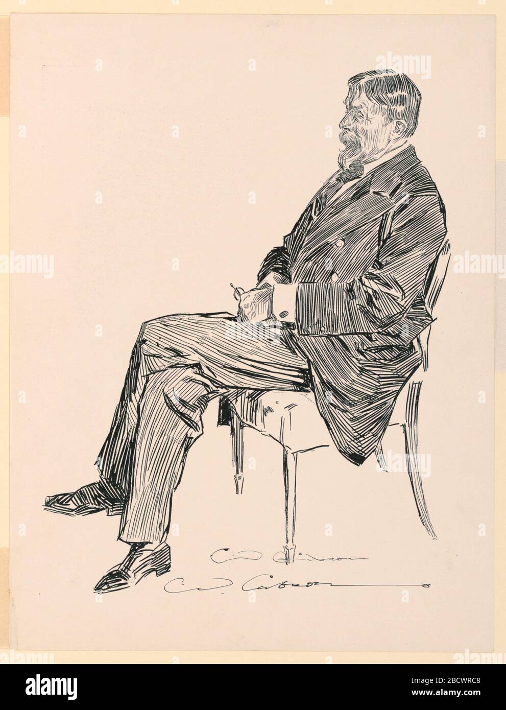 George du Maurier. Forschung im ProgressTrial Proof zur Veranschaulichung. Eine Feder- und Tintenskizze des Schauspielers George du Maurier (1834-1896), die im linken Profil sitzend gezeigt wurde. Er hält Spätzchen in der Hand und ruht auf seinem Schoß. Beine gekreuzt. George du Maurier Stockfoto