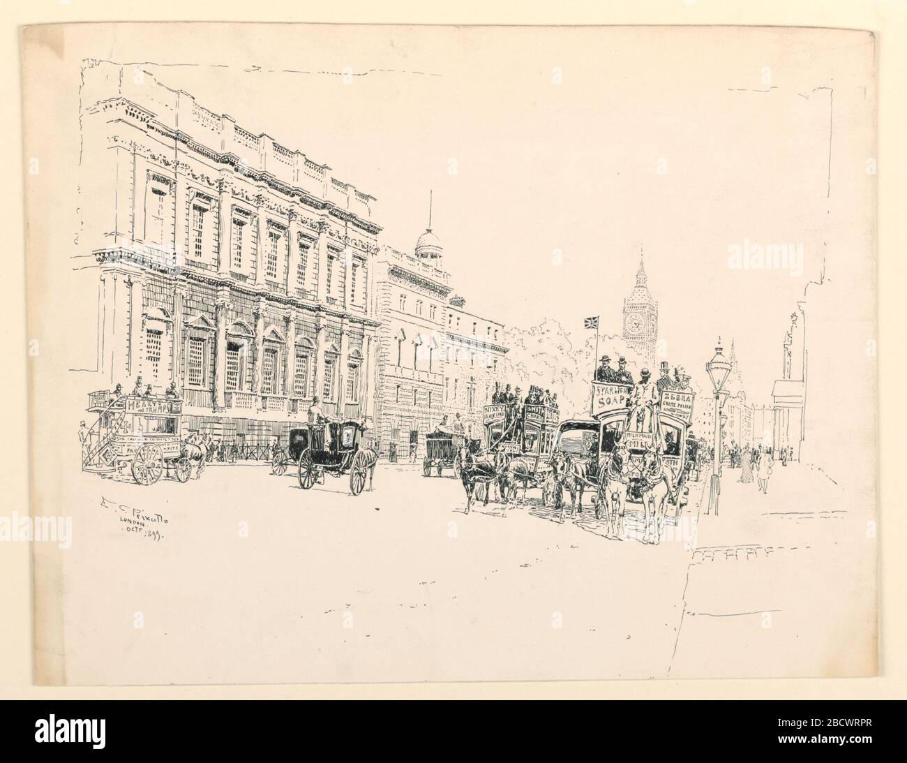 Die Banqueting Hall Whitehall London. Forschung in der ProgressA breiten Allee mit der Halle, links und dem Uhrturm des Westminster Palace in der Ferne. Pferdeomnibusse und Hansom Taxis. Die Banqueting Hall Whitehall London Stockfoto