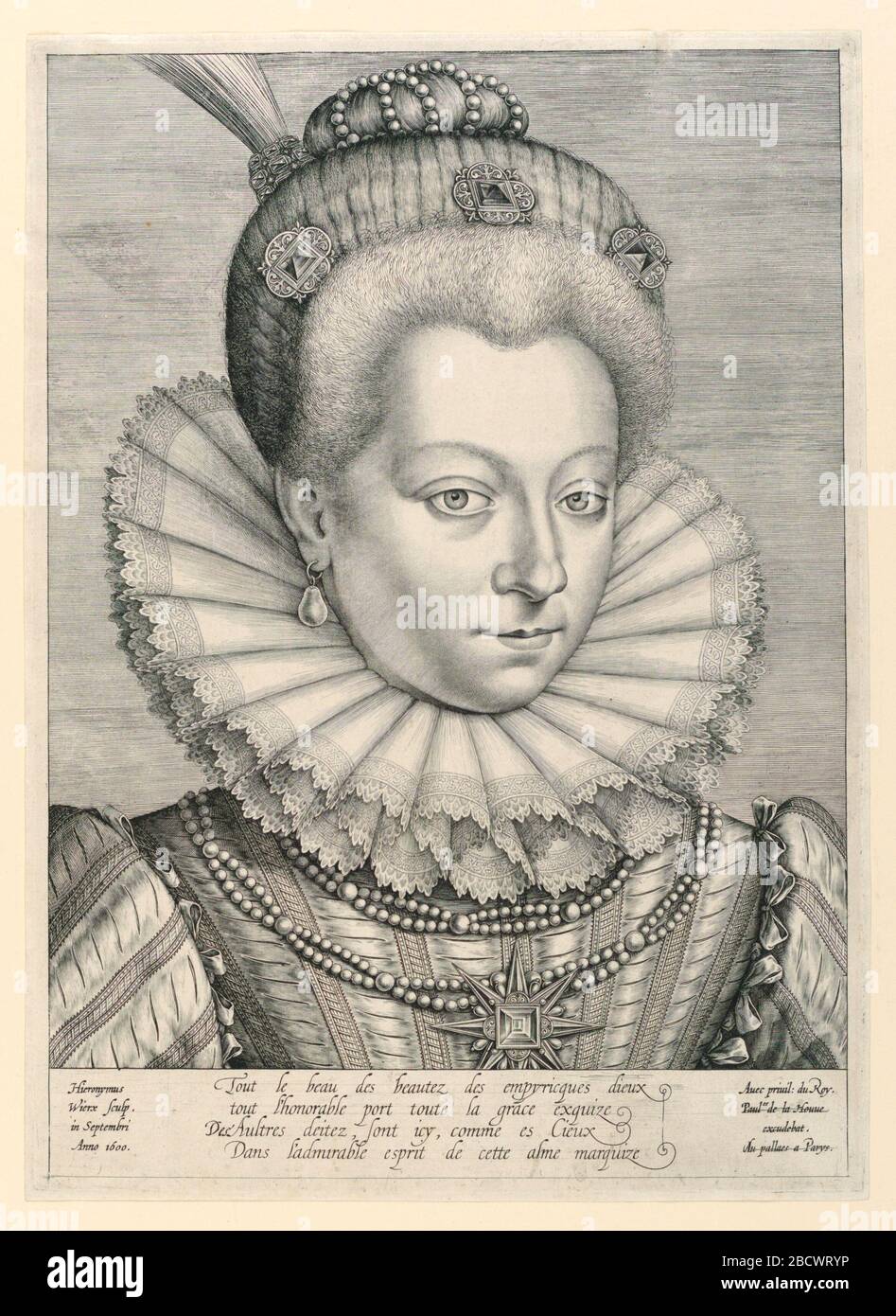 Porträt der CatherineHenriette de Balzac dEntragues Marquise de Verneuil 15791633. Recherchen in ProgressBust-length Portrait von Catherine-Henriette de Balzac d'Entragues, Herrin von König Heinrich IV. Von Frankreich. Sie ist in 3/4-Ansicht dargestellt und trägt einen großen Ruff und aufwendigen Schmuck. Porträt der CatherineHenriette de Balzac dEntragues Marquise de Verneuil 15791633 Stockfoto