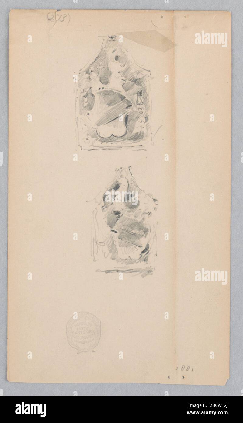 Wappen. Forschung in ProgressTwo Skizzen von Wappen. Beide zeigen Köpfe. Das nach rechts abgebildete Scheiteltier, das des Designs in der Mitte nach links. Wappen Stockfoto