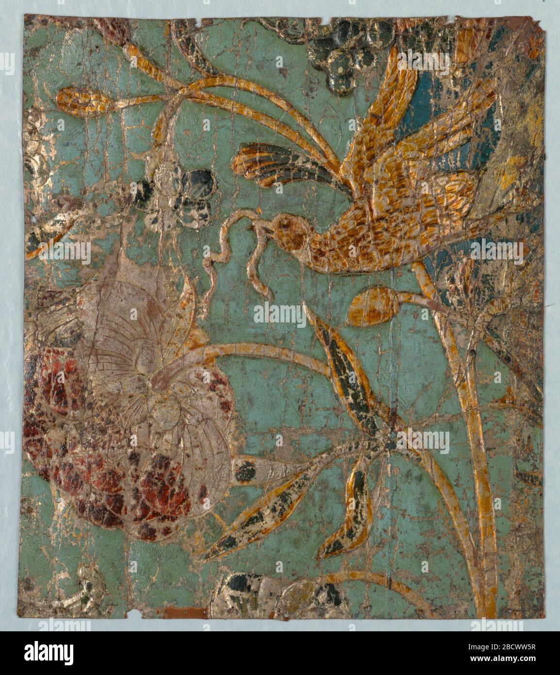 Seitenwand. Forschung in Progressa) EIN Vogel, der auf einer Blume thront, mit einem Wurm im Mund. Oben ist ein Trauben. Seitenwand Stockfoto