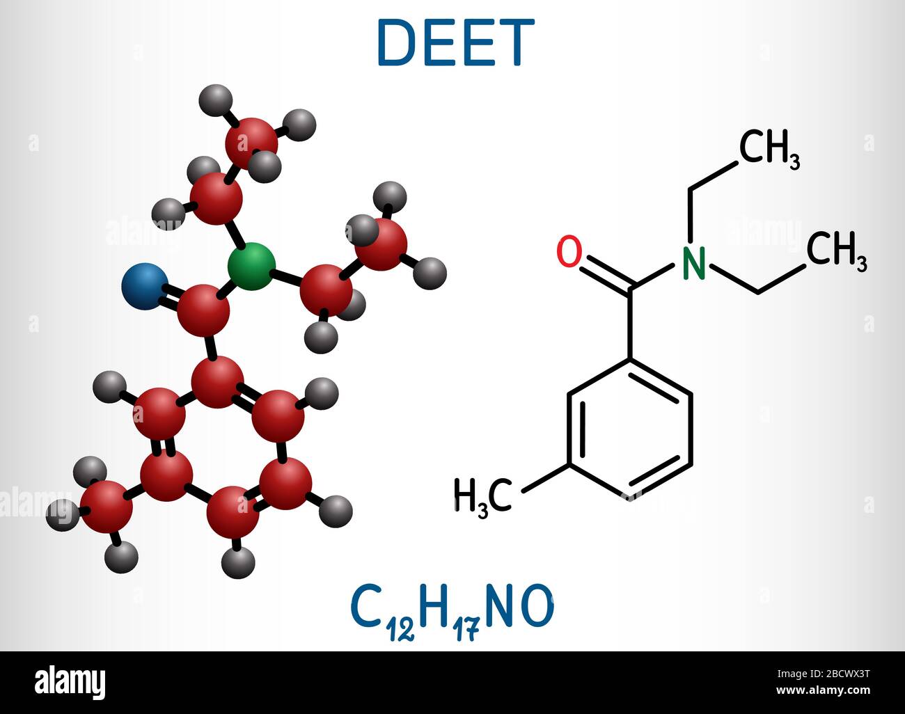 DEET, Diethyltoluamid, N,N-Diethyl-Meta-Toluamid C12H17NO-Molekül. Es ist Wirkstoff in Insektenschutzmitteln. Strukturelle chemische Formel und Mo Stock Vektor