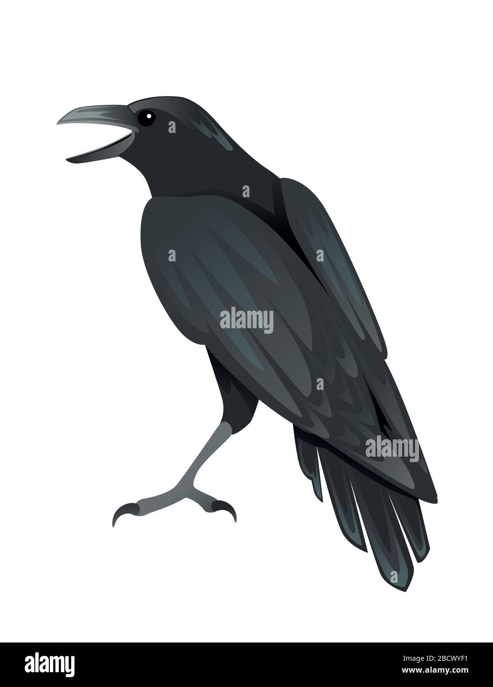 Schwarze Raben Cartoon Krähe Design flacher Vektor Tier Illustration isoliert auf weißem Hintergrund Stock Vektor