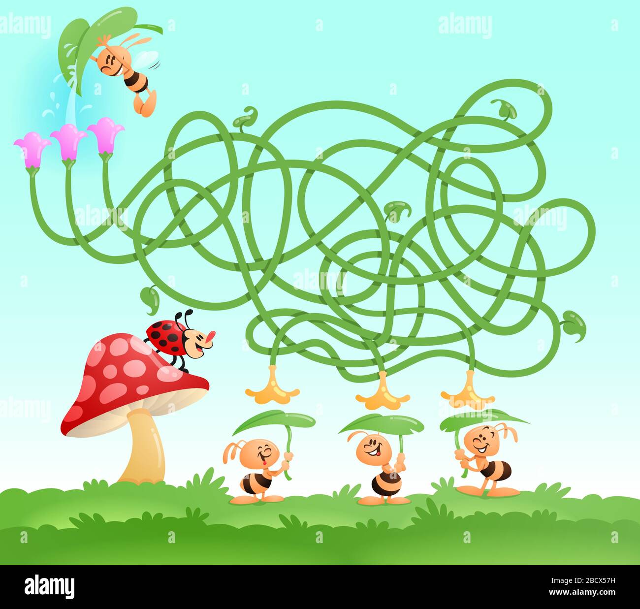 Labyrinth-Spiel und Puzzle für Kinder und Kinder. Einige niedliche Bienen warten auf Wassertropfen. Einfaches und einfaches Labyrinth-Spiel und Puzzle für Kinder und Kinder Stock Vektor