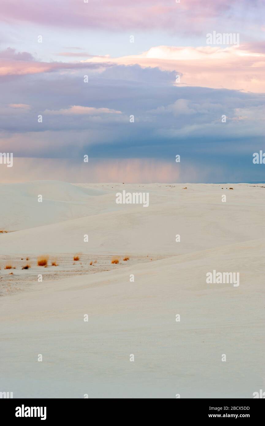 Stürmisches Wetter, Landschaft von New Mexico, Gipsformationen, Grasland, White Sands National Monument, White Sands National Park, New Mexico, NM, USA. Stockfoto