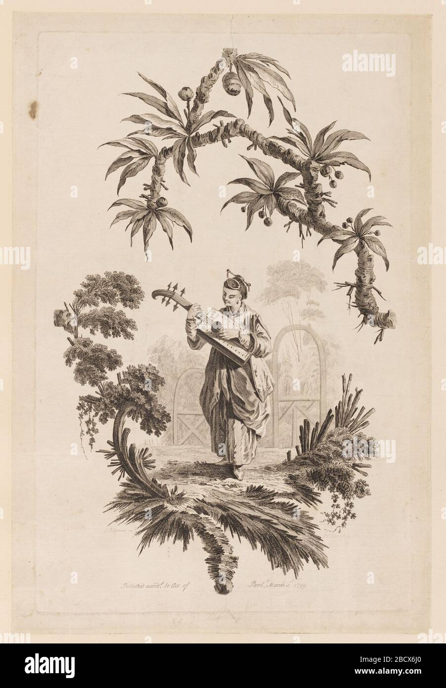 Figur, Die Musikinstrument Unter Bough Spielt. Research in Progress Figure Playing Musical Instrument Under Bough Stockfoto