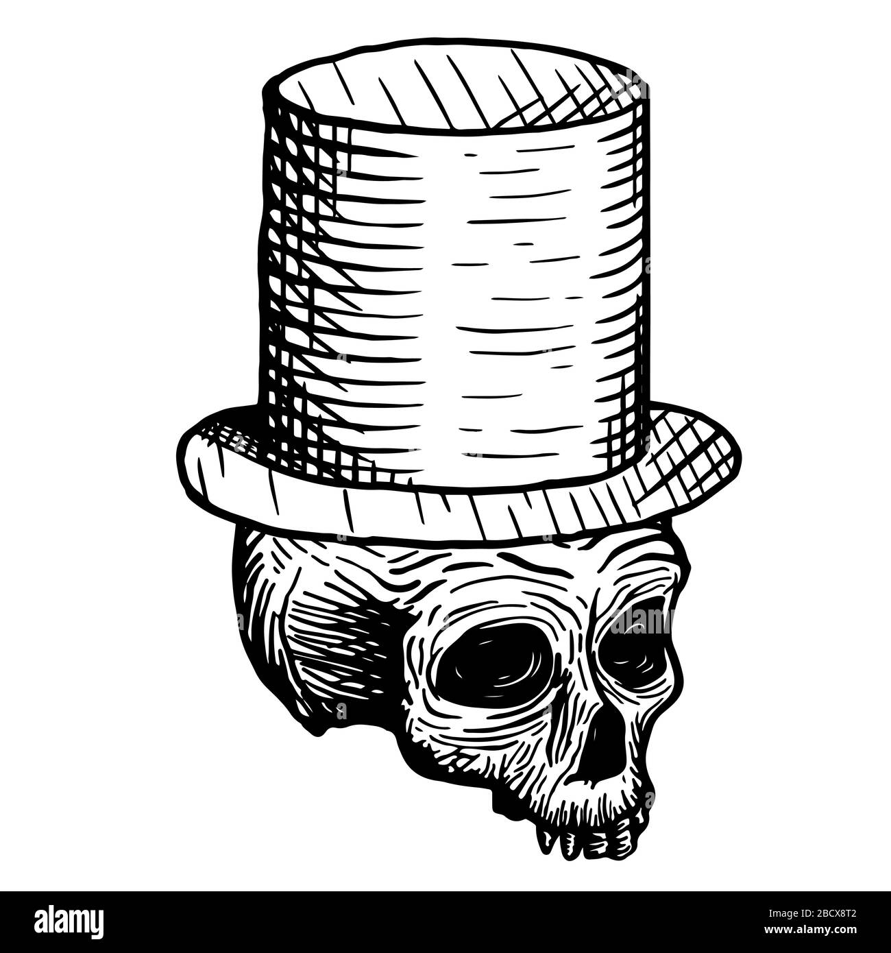 Handgezeichneter Schädel eines Toten in einem Hut, auf weißem Grund. Vektorgrafiken. Stock Vektor