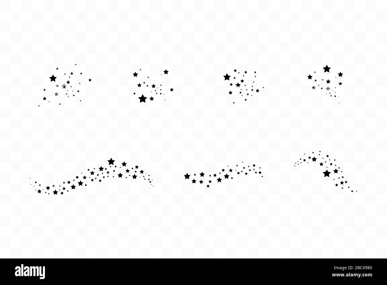 Satz von schwarzen fallenden Sternen. Wolke schwarzer Sterne isoliert auf transparentem Hintergrund. Vektorgrafiken. Meteoroid, Komet, Asteroiden, Sterne Stock Vektor
