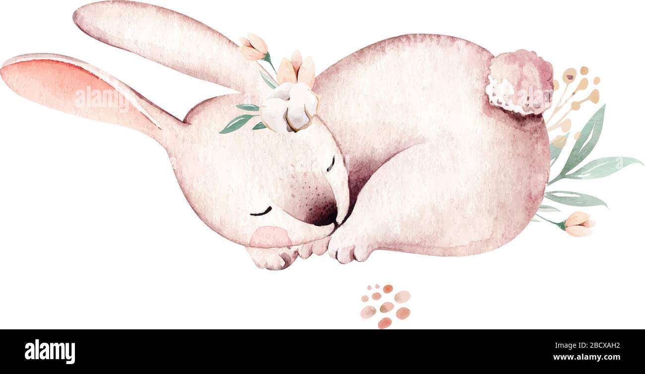 Handgezeichnetes Aquarell Happy easter Set mit Häschen Design.Rabbit Bohemian Stil, isolierte Boho-Illustration auf Weiß. Stock Vektor