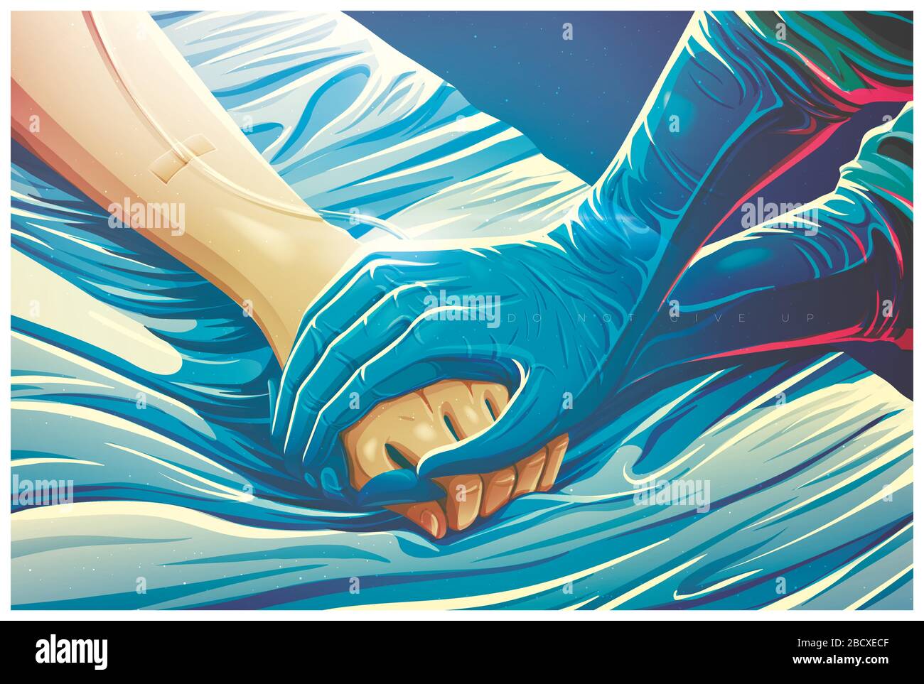 Eine Abbildung des Arztes zeigt, wie die Hand des Patienten gehalten wird, um den Patienten zur Bekämpfung der Krankheit zu ermutigen und ihn zu beruhigen oder Unterstützung oder Ermutigung zu senden Stock Vektor