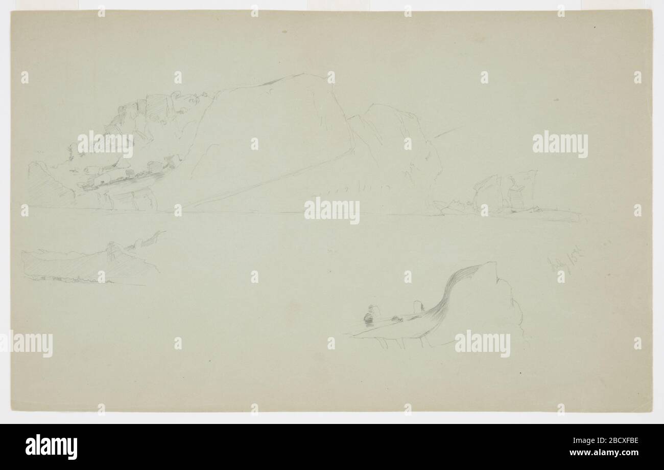 Schwebende Eisberge. Forschung in ProgressThree Skizzen für Seascapes auf einem einzigen Blatt. Oben ein Blick auf einen Eisberg, dessen Zerfall seitlich begonnen hat. Links unten, Fernsicht auf einen Teil eines Eisbergs. Unten rechts, Detail eines Eisbergs. Schwebende Eisberge Stockfoto