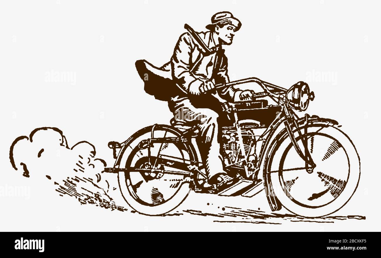Historischer Mann, der ein klassisches Motorrad mit hoher Geschwindigkeit fährt. Illustration nach einer Gravur aus dem frühen 20 Stock Vektor
