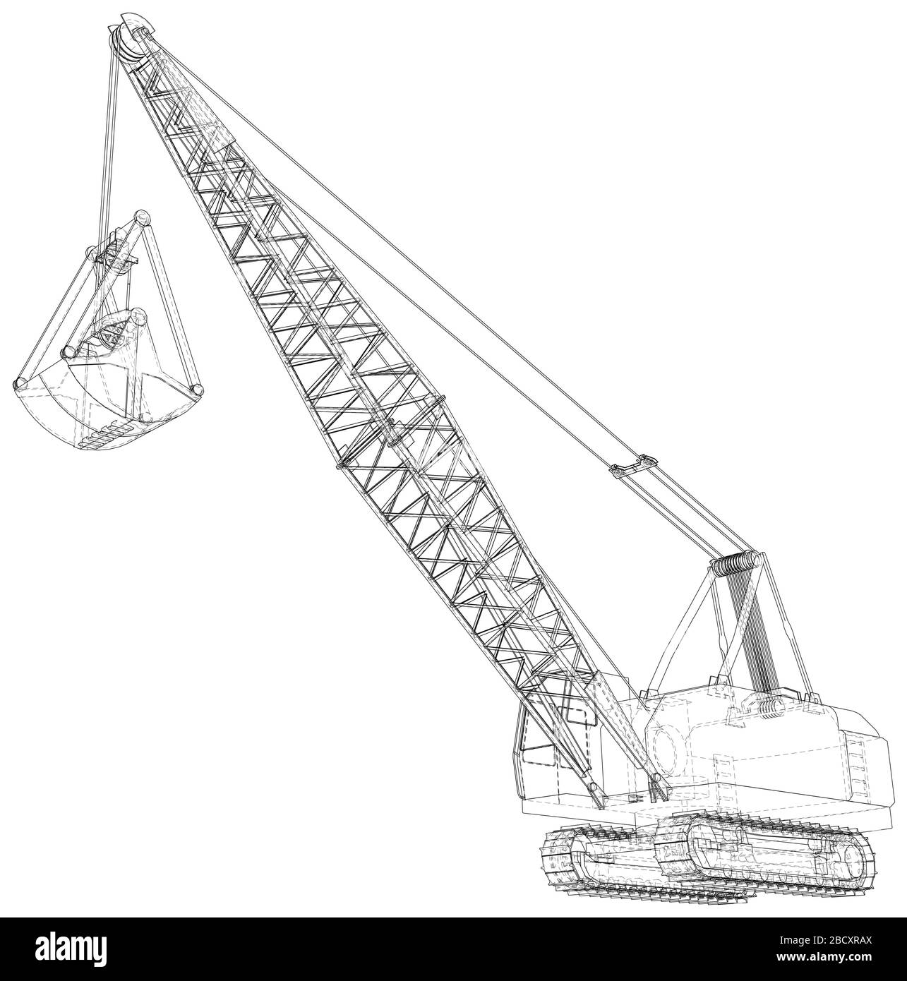 Dragline-Walking-Bagger. Vektordarstellung von 3d. Drahtmodell. Die Ebenen der sichtbaren und unsichtbaren Linien werden getrennt. Stock Vektor