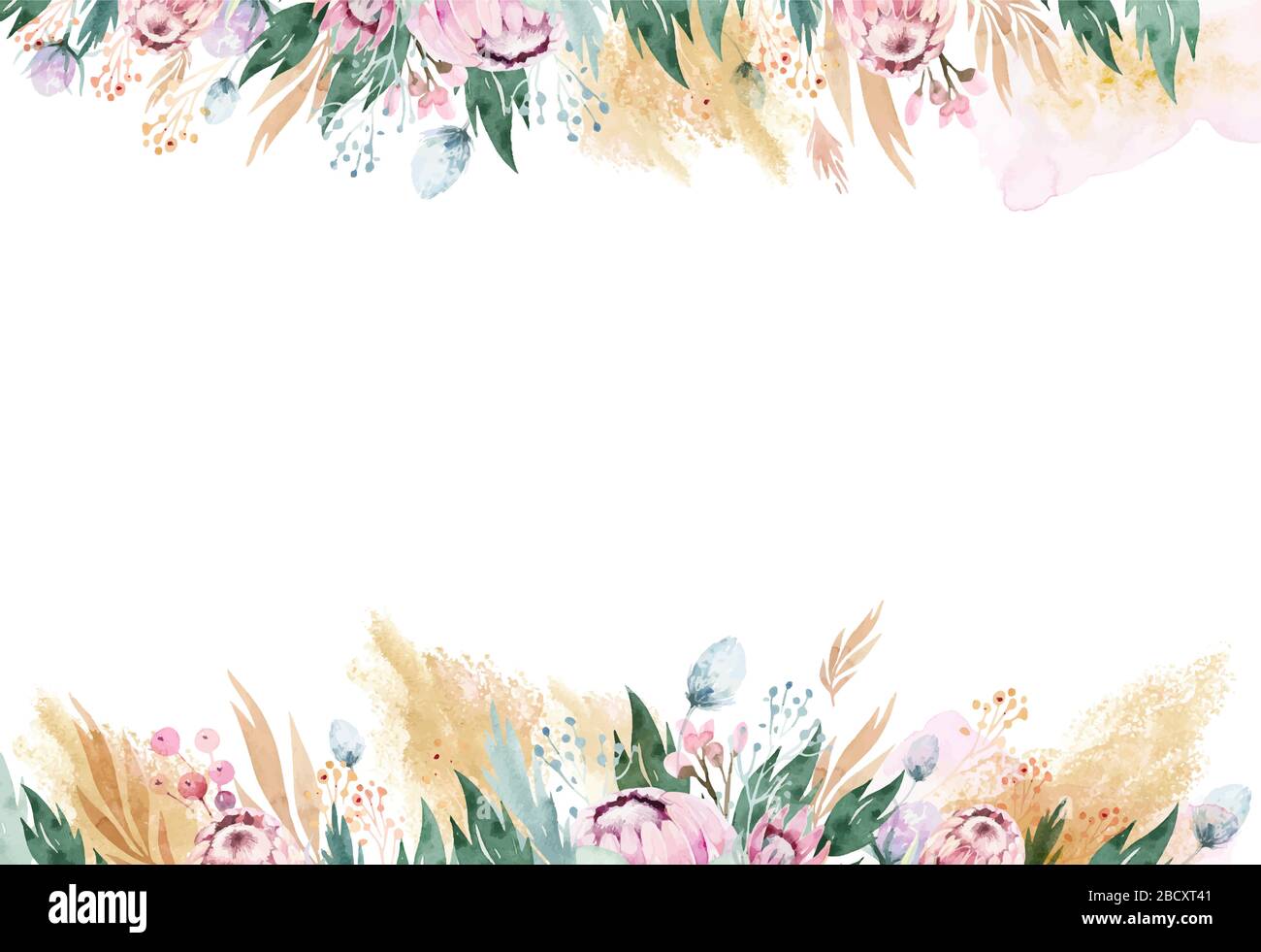 Aquarellrahmen mit Blumenmuster und pinkfarbenem tee und goldenen Formen. Begrüßung. Design mit Bannern Stock Vektor