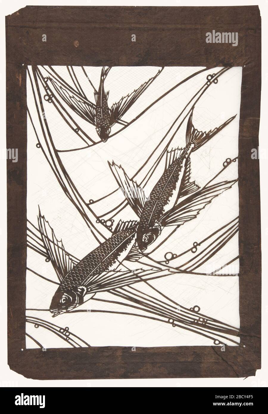 Fliegender Fisch. Die Forschung in ProgressThree fliegenden Fischen wird im mittleren Flug zwischen und zwischen den Wellen gezeigt. Die abstrahierten Wellen werden als diagonale lineare Linien dargestellt. Fliegender Fisch Stockfoto