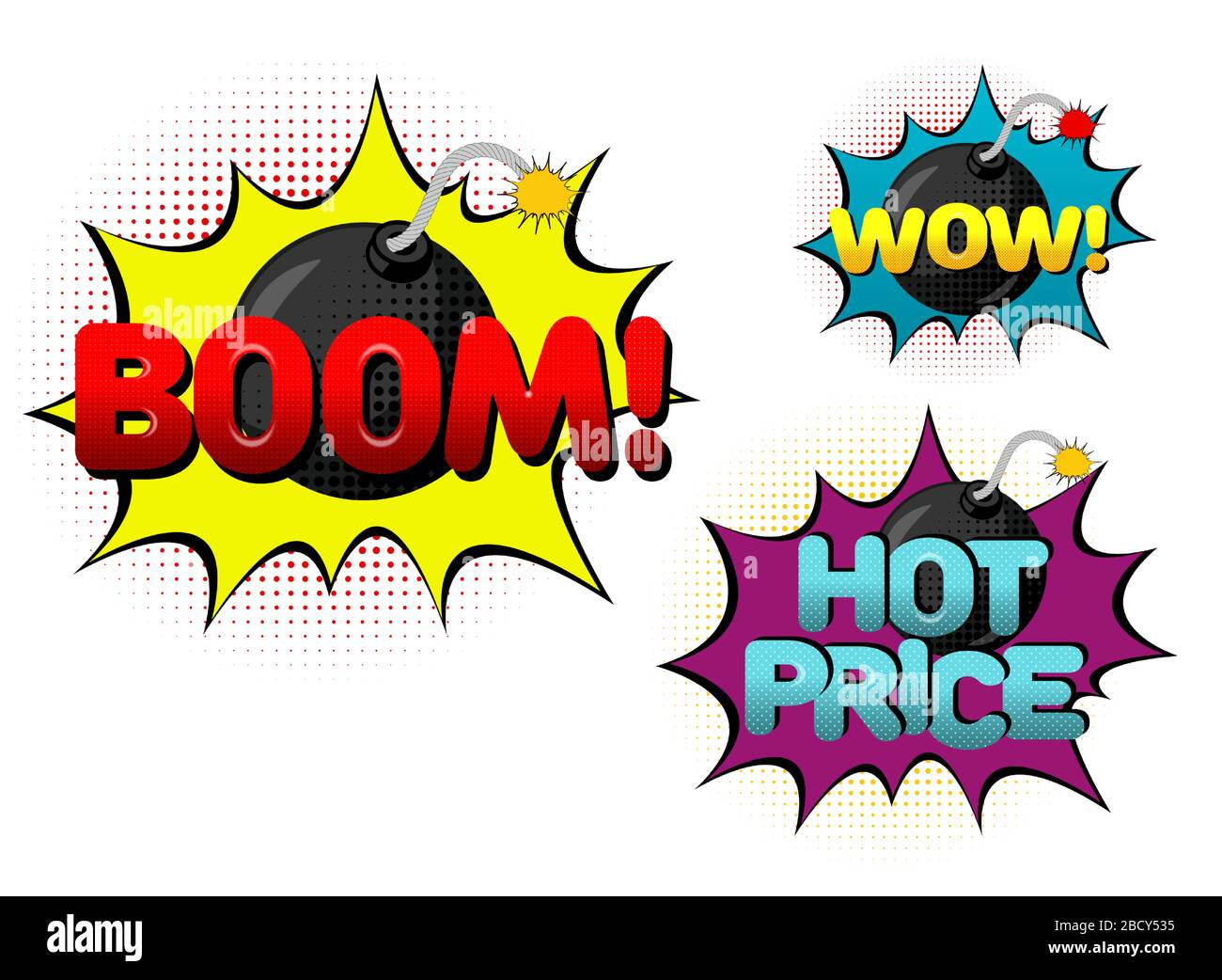 Hintergrund mit Bombe und WOW Anmelden Pop Art Style. Vektorgrafiken Stock Vektor