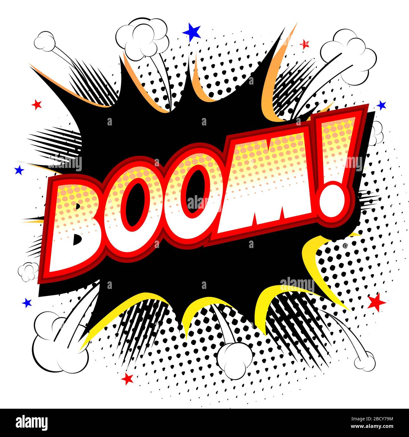 Boom Illustration - schwarz und gelb Explosion, weißer Hintergrund Stockfoto