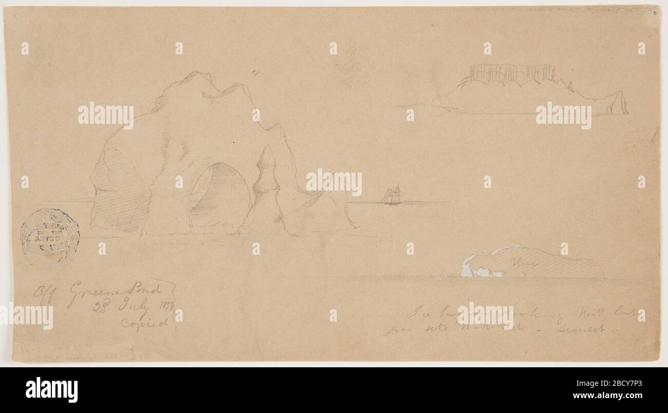 Skizzen von Eisbergen vor Greenspond Neufundland. Die Forschung in ProgressAt blieb aus, ein uniquaartig geformter Eisberg mit einer bogenförmigen Öffnung und einem verdrehten Turm. Ein Segelschiff befindet sich im rechten Hintergrund. Rechts zwei Umrisse zusätzlicher Eisberge. Skizzen von Eisbergen vor Greenspond Neufundland Stockfoto