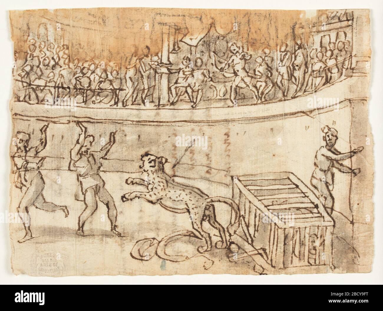 Recto Kaiser Commodus Killing a Leopard Verso Sketch von Luigi Alamanni und Inschriftenband in seiner Hand in Bezug auf Herodianus Historiae I 15 67. Forschung im ProgressHorizontal Rechteck. Ein Tiger, aus seinem Käfig gebrochen, wo noch ein anderer lügt, erhebt Anklage gegen einen Mann. Zwei weitere fliehen. Die Kulisse ist eine Arena mit überfüllten Rängen. Ein Pfeil, der meinen Mann aus dem kaiserlichen Kasten erschoss, bewegt sich in Richtung des Tieres. Recto Kaiser Commodus Killing a Leopard Verso Sketch von Luigi Alamanni und Inschriftenband in seiner Hand in Bezug auf Herodianus Historiae I 15 67 Stockfoto