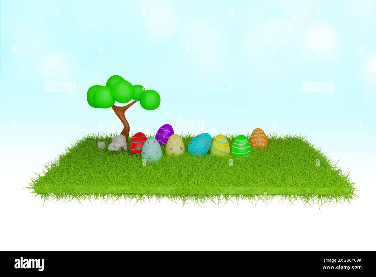 Vollfarbige ostereier auf dem Rasenfeld, 3D-Rendering Stockfoto