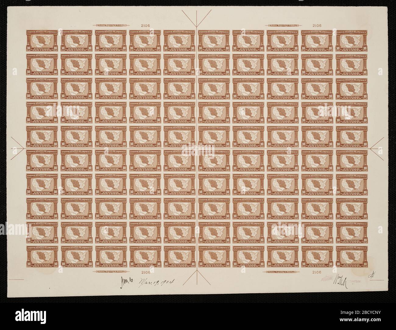 10c Karte von Louisiana Kaufplatte Nachweis. Zertifizierte Plattennachweise sind der letzte gedruckte Nachweis der Platte, bevor die Stempel beim Büro für Gravur und Druck gedruckt werden. Diese Platten-Proofs sind jeweils eindeutig, mit den Genehmigungsunterschriften und dem Datum. 10c Karte von Louisiana Kaufplatte Nachweis Stockfoto